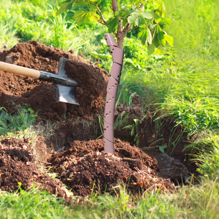 Man plants a small tree, hands holds shovel digs the ground, nature, environment and ecology concept